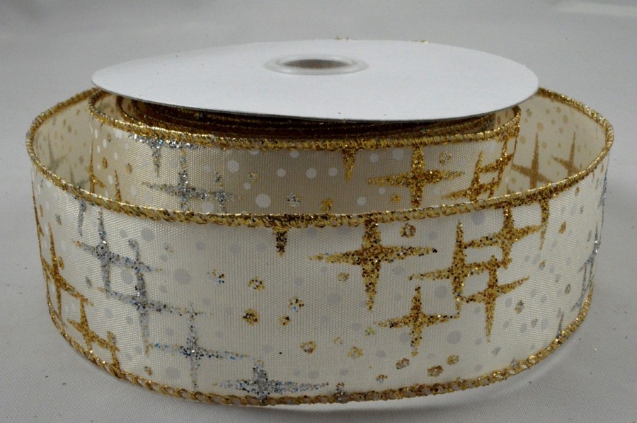 Y838 - 25mm Wired Glitter Star Printed Ribbon x 10 Metre Rolls!