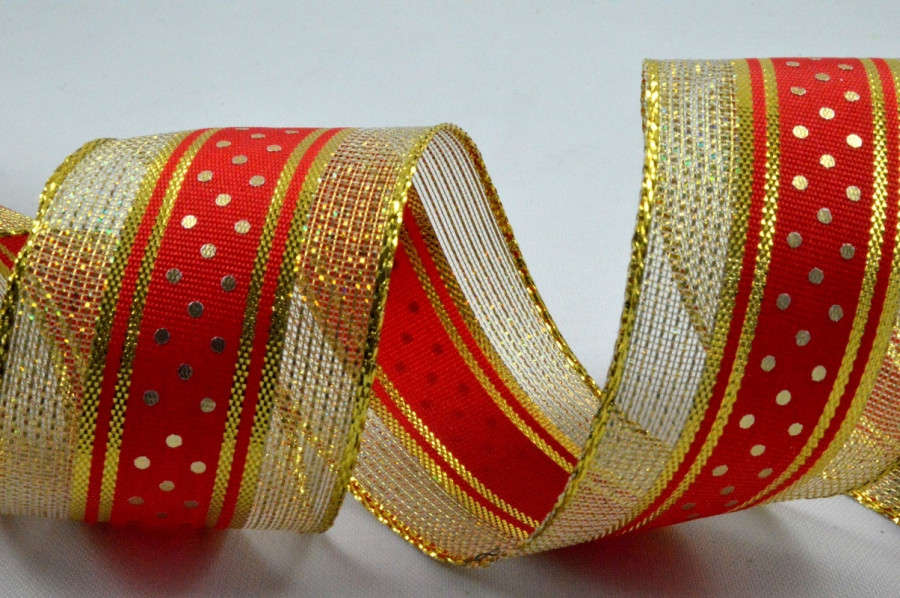 Y667 - 38mm Wired Lurex Ribbon with Central Polka Dot Design x 10 Metre Rolls!-Red