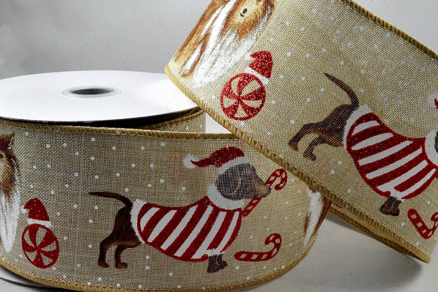 46050 - 63mm Wired Christmas Dog Ribbon x 10 Metre Rolls!