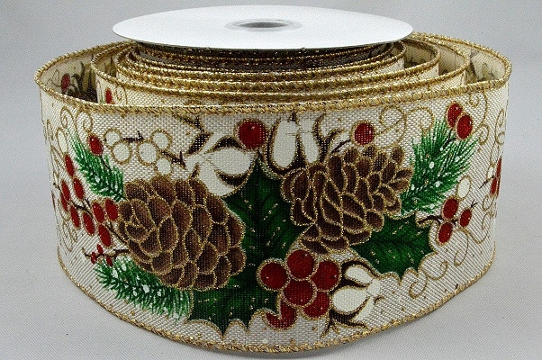 46053 - 63mm Jute Ivory ribbon with a wired gold lurex edge and a Pine cone and Berry design for Christmas  x 10mts!