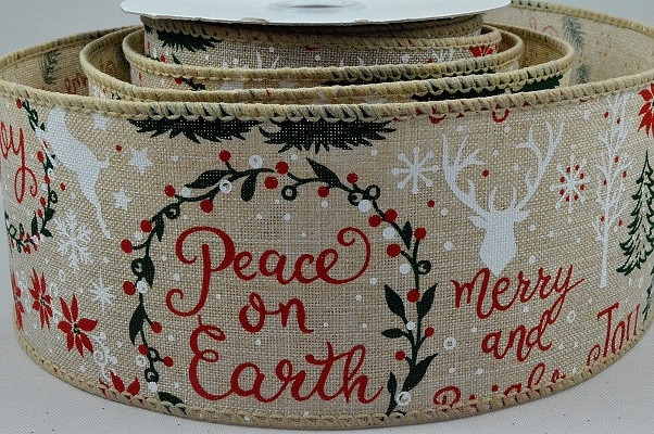 46055 - 63mm Jute Natural ribbon with a wired edge and a Festive Christmas message with reindeers and trees x 10mts!