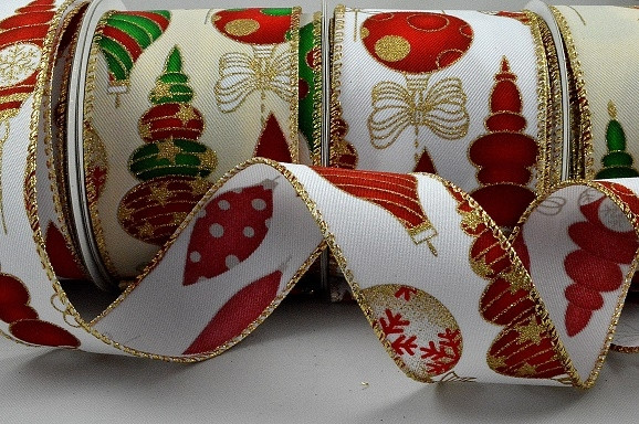 46056 - 38mm & 63mm Wired edge Christmas design ribbon with Gold sparkly baubles  x 10mts