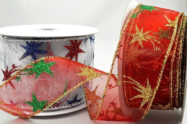 46057 - 38mm & 63mm Wired Lurex edge Sheer ribbon with a Sparkly Starry design for Christmas x 10mts