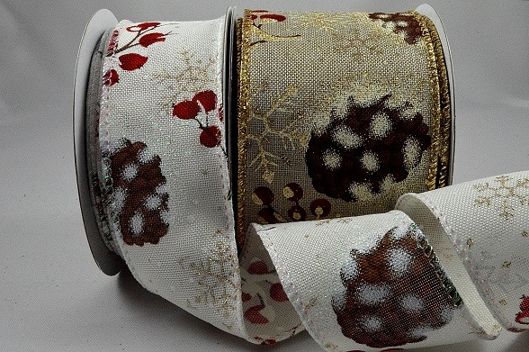 46058 - 38mm & 63mm Wired Lurex edge Polyester ribbon with a Pine cone and Berry Christmas design and sparkly snowflakes x 10mts