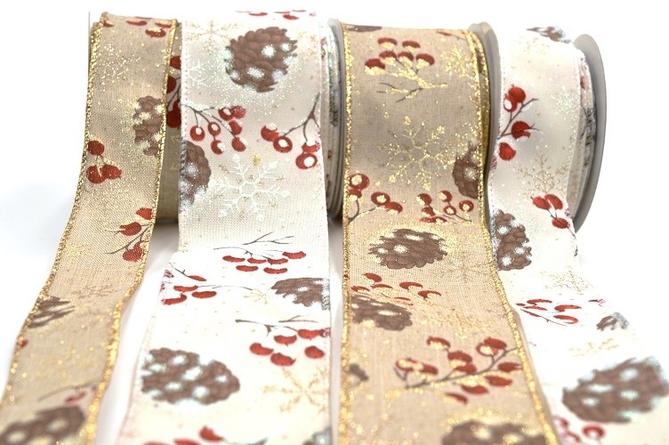 46058 - 38mm & 63mm Wired Lurex edge Polyester ribbon with a Pine cone and Berry Christmas design and sparkly snowflakes x 10mts