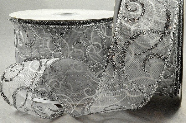 46059 - 63mm Silver Wired Lurex edge Sheer ribbon with a Glittery and Sparkly Christmas Swirl Design x 10mts