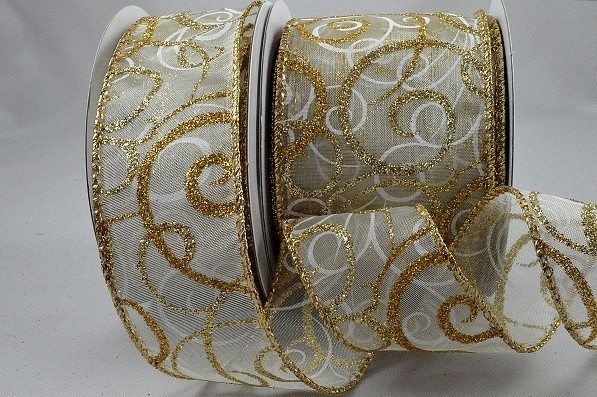 46059 - 38mm Gold Wired Lurex edge Sheer ribbon with a Glittery and Sparkly Christmas Swirl Design x 10mts