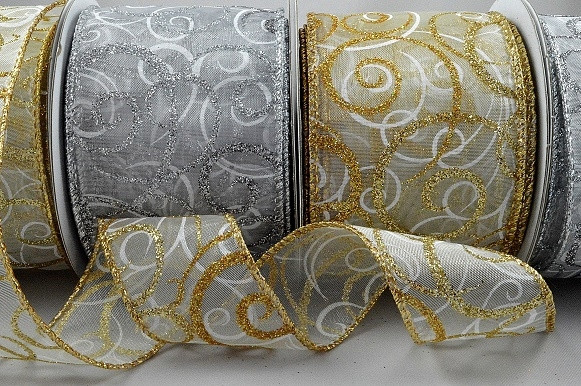 46059 - 38mm & 63mm Wired Lurex edge Sheer ribbon with a Glittery and Sparkly Christmas Swirl Design x 10mts
