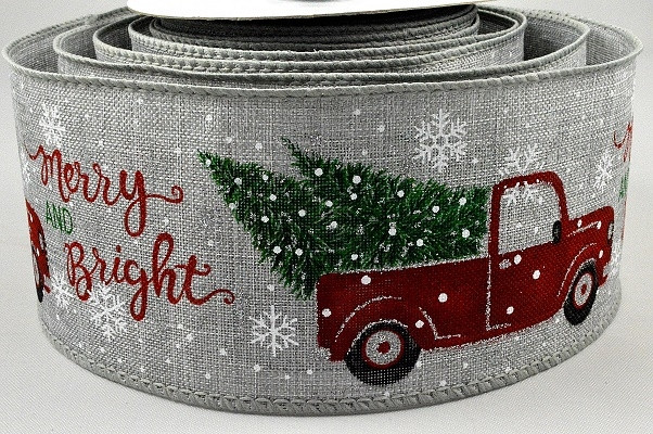 46060 - 63mm Ice Grey wired jute ribbon with a colourful Christmas tree and car delivering your festive message x 10 Metre Rolls!