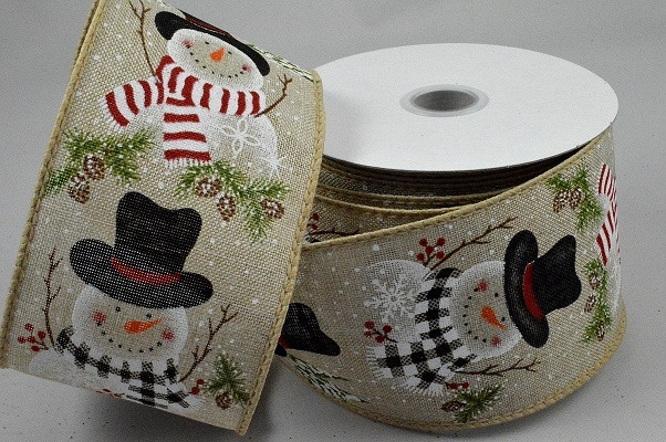 46061 - 63mm Natural wired edge jute ribbon with a colourful and jolly Snowman design with pine trees and snowflakes x 10 Metre Rolls!