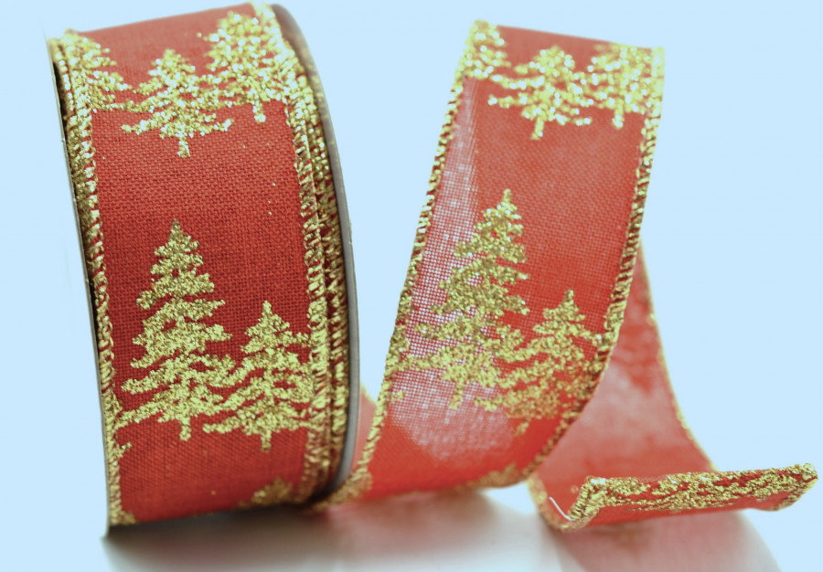 Y866 - 38mm Red Bright and Gold Sparkly Lurex wired edge ribbon with a Christmas tree wintery design x 10mts