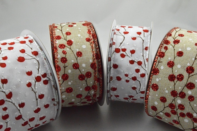 46063 - 38mm/63mm Wintery branches with glistening berries wired woven edge ribbon x 10mts