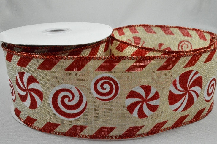 46067 - 63mm Wired edge Red Swirls Christmas design onto a Cream