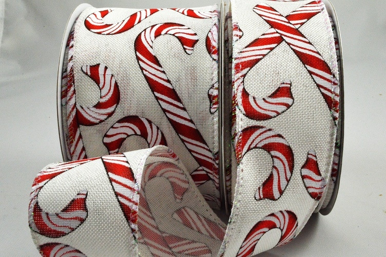 46068 38mm/63mm Festive Candy Stripe Printed design onto a natural wired edge ribbon
