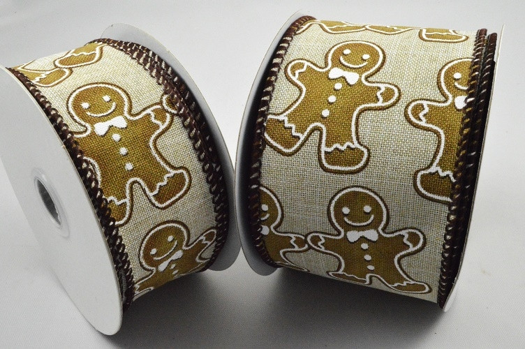 46069   38mm / 63mm Wired Natural Woven edge ribbon with a Festively fun Gingerbread man design and Chocolate coloured edge x 10m