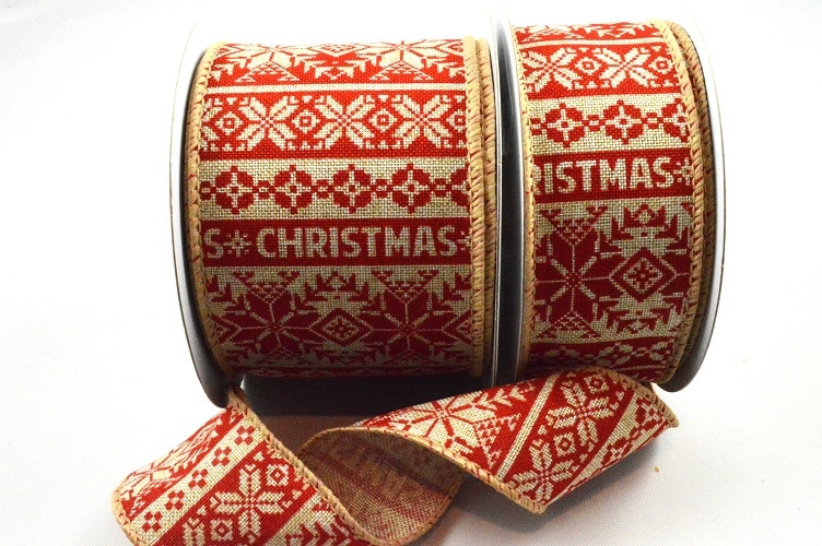 46070  38mm/63mm Natural Wired Edge woven ribbon with a Christmas message and snowflakes design x 10mts