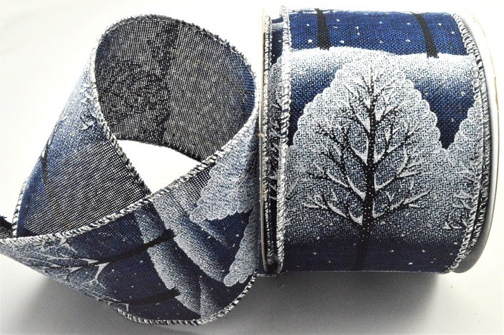 46073 - 63mm Wired woven edge Midnight Blue Wintery design with a detailed silver edge x 10mts!