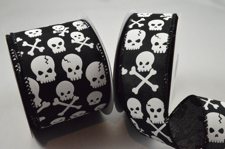 46075 -  38mm / 63mm Skull and Cross Bones Jolly Roger printed design Wired Woven edge ribbon in striking Black and White colours x 10m  