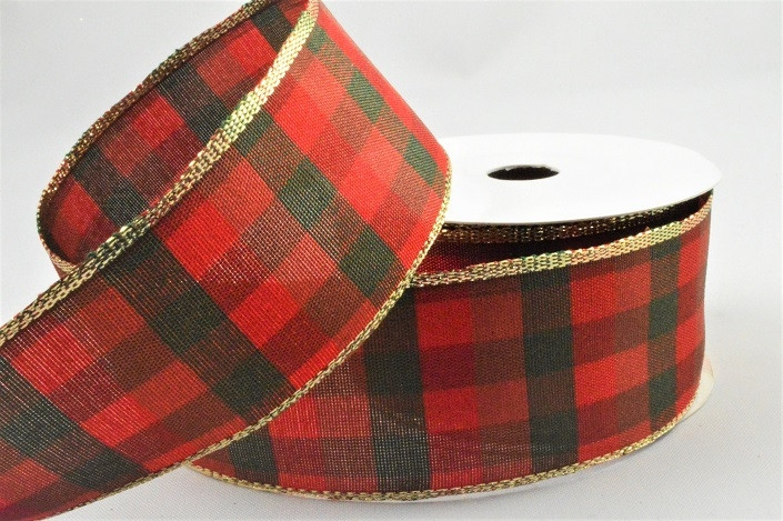 46076 - 40mm Wired edge Modern check Red and Green ribbon with a gold edge x 11m 