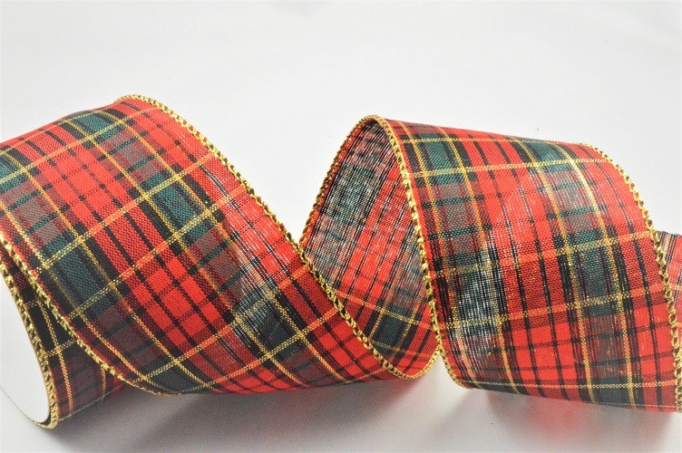 46079 - 63mm Wired edge Festive Red and Green Tartan check with a touch of gold lurex sparkle x 11m 