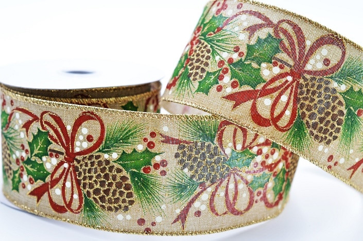 46082 - 63mm Wide woven gold wired edge Natural Holly , Pine cone and bow glittery Christmas ribbon x 10mts