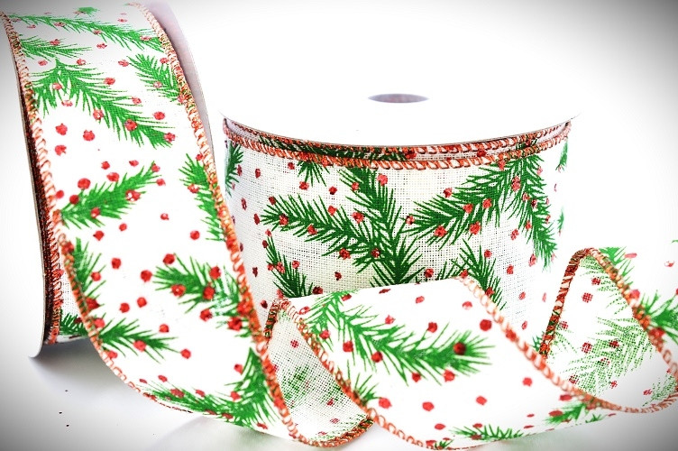 46084 - 38mm , 63mm Wide woven red wired edge Cream with a lovely and bright red and green Christmas design ribbon x 10mts  