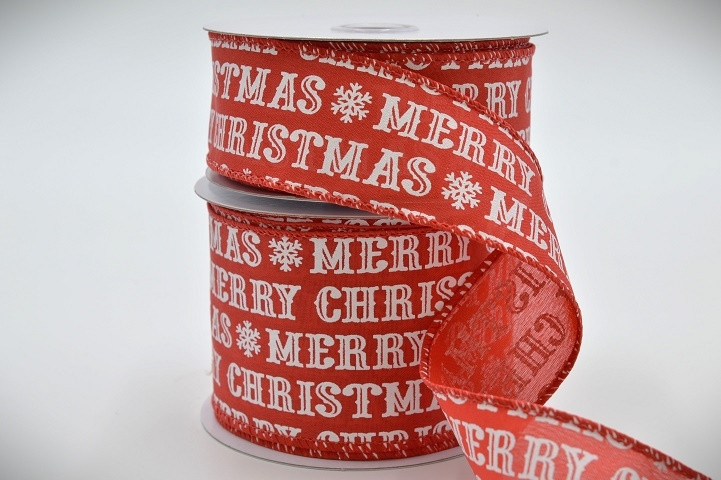 46088 - 38mm , 63mm Wide woven wired edge Red and White Merry Christmas message ribbon x 10mts