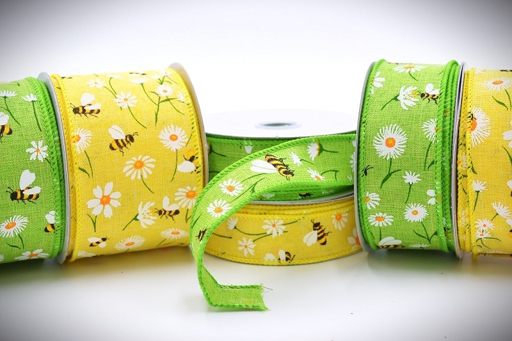 46089 - 25mm, 38mm , 63mm Wide woven wired edge Bright Yellow or Green Summery Bumble Bee and Flowery ribbon x 10mts