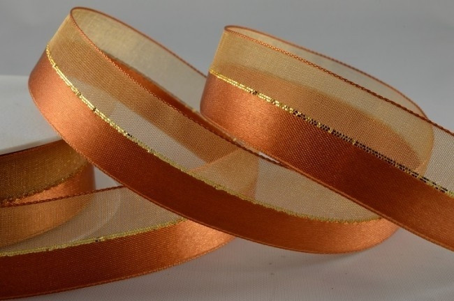 Y82 - 53554 - 10mm Sheer & Satin with Central Lurex Stripe x 50 Yard Rolls!!-53 Light Brown
