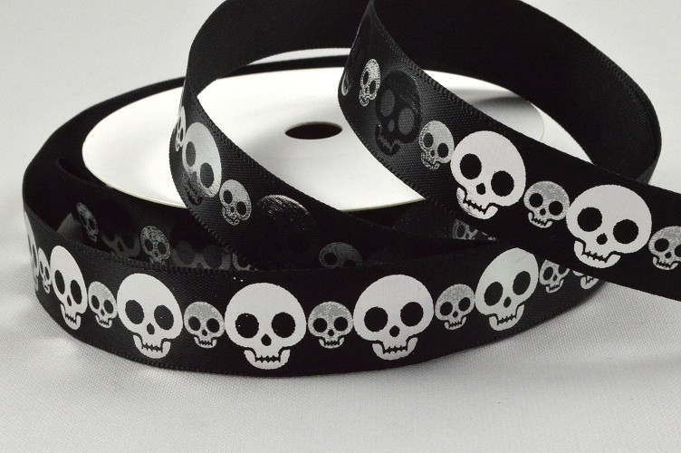 55085 - 15mm Black Skull Printed Ribbon x 10 Metre Rolls! 