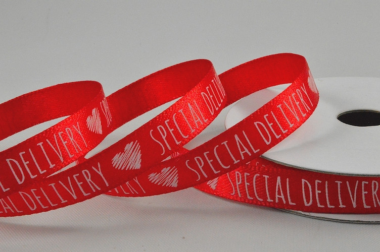 55102 - 10mm Red Satin Special Delivery Heart Ribbon x 10 Metre Rolls!