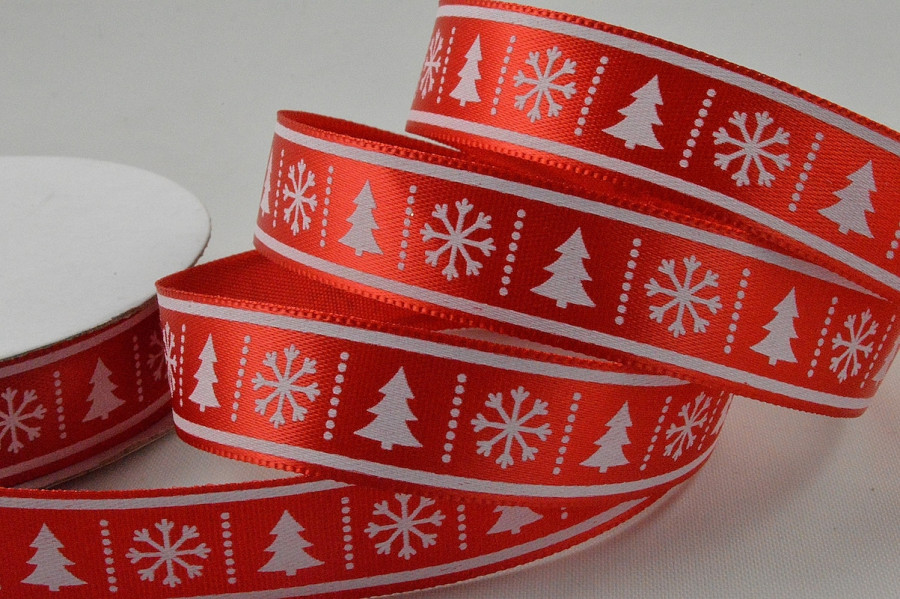 55107 15mm Satin Christmas Tree Snowflake Printed Ribbon x 10 Metre Rolls