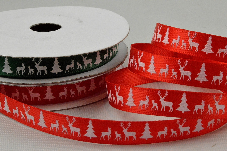 55111 - 10mm Reindeer & Christmas Trees Printed Ribbon x 10 Metre Rolls!