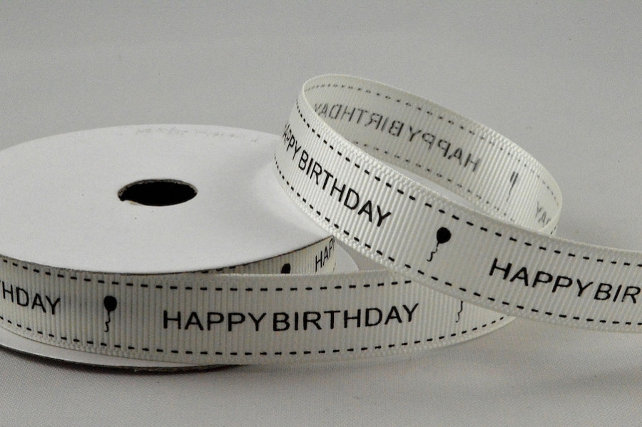 55112 - 16mm Cream & Black Grosgrain Happy Birthday Printed Ribbon x 10 Metre Rolls!