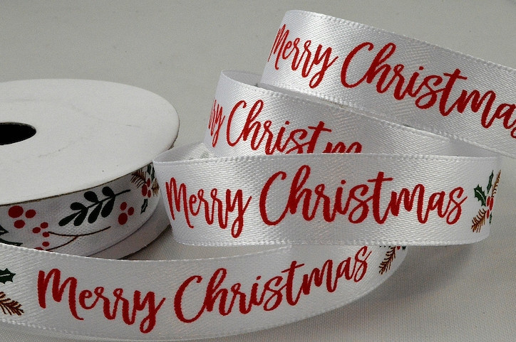 55115  - 15mm White Merry Christmas Holly & Berries Ribbon x 10 Metre Rolls!