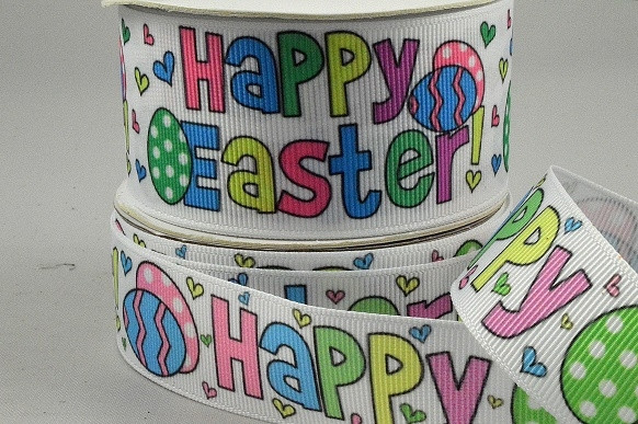 55118 - 25mm and 38mm White grosgrain ribbon with a Multi Coloured Happy Easter printed design message x 10mts