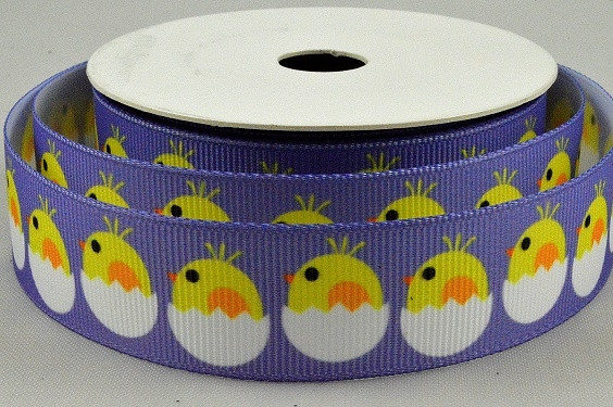 55119 - 22mm Lilac/White grosgrain ribbon with a colourful Easter printed design x 10mts