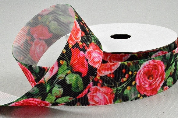 55120 - 25mm Black ribbed ribbon with a colourful floral printed design x 10mts