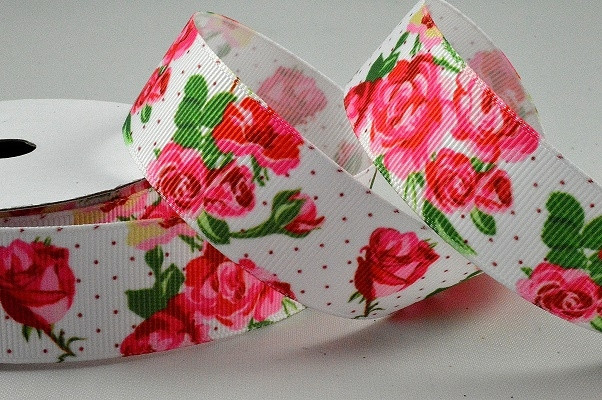 55121 - 25mm White ribbed ribbon with a colourful floral printed design x 10mts