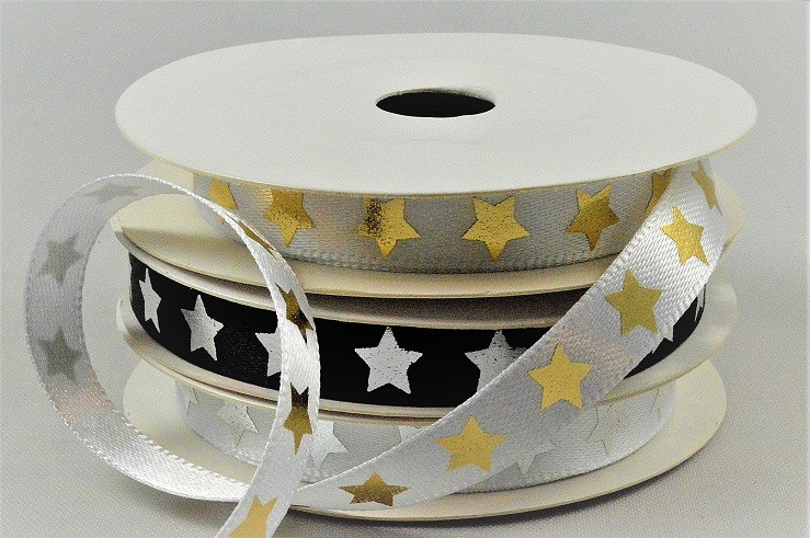 55125 - 10mm satin ribbon printed with a Bright Christmas Star design x 10mts .