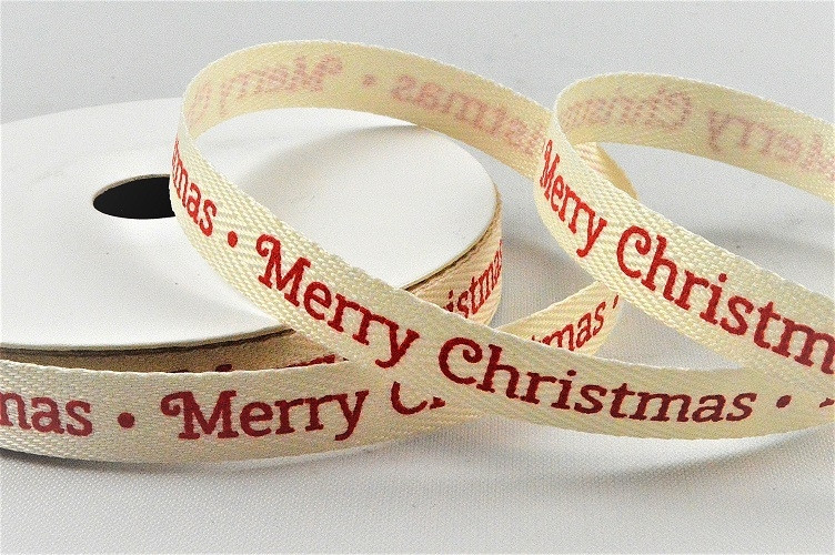 55126 - 10mm Cream herringbone ribbon printed with a Merry Christmas message x 10mts.