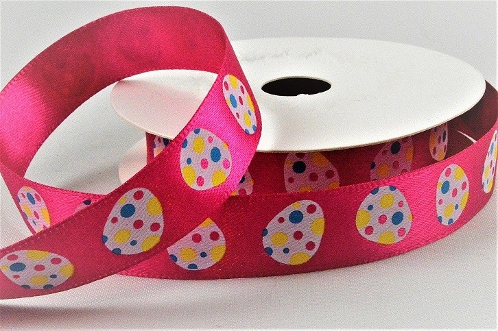 55131 - 15mm satin ribbon with a colourful printed Easter Egg design x 10mts.  