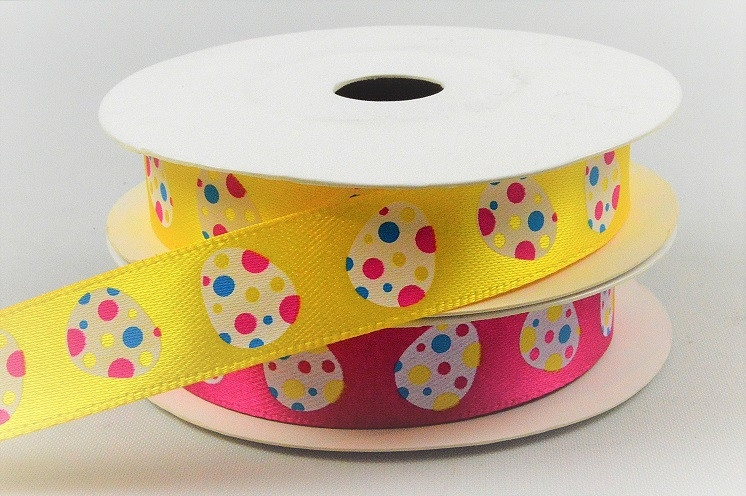 55131 - 15mm satin ribbon with a colourful printed Easter Egg design x 10mts.  