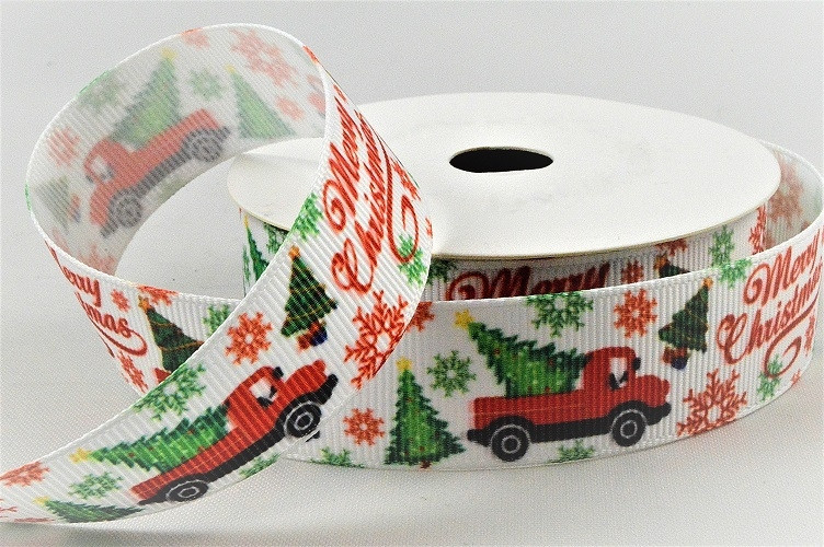 55133 - 22mm White grosgrain ribbon with a colourful Merry Christmas printed message and car design x 10mts 