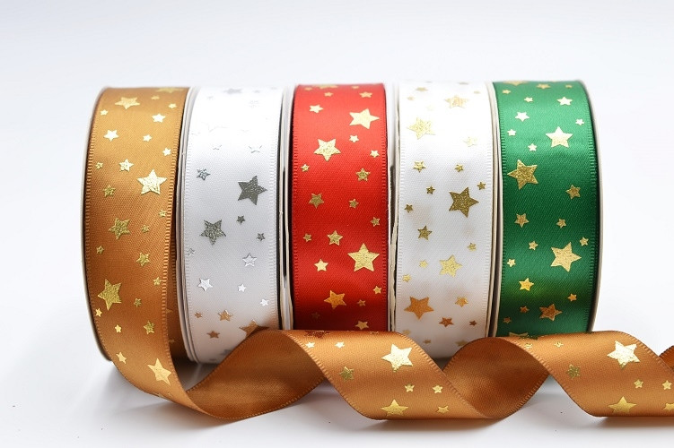 55145  - 15mm / 25mm  Double face satin ribbon with a bright printed star design on one side x 20 metres