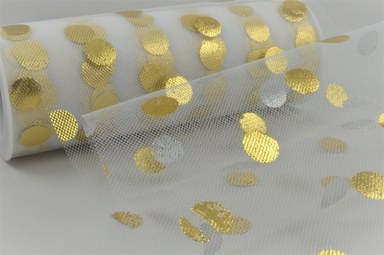 88016 - 150mm Large Bright Gold printed Dots on a White Nylon Tulle Fabric (10 Metres)