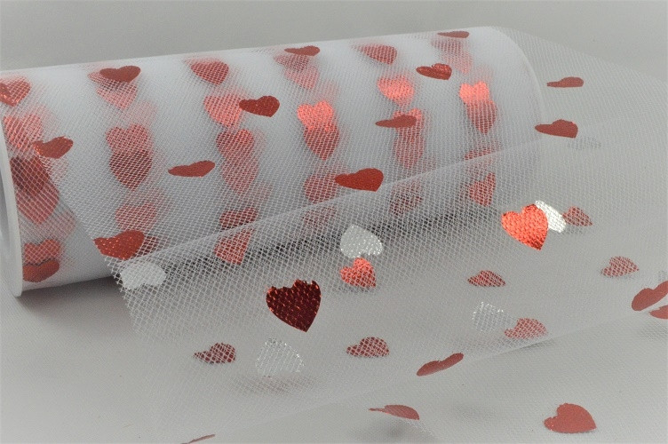 88016 - 150mm White Tulle fabric printed with bright Red hearts (10 Metres)