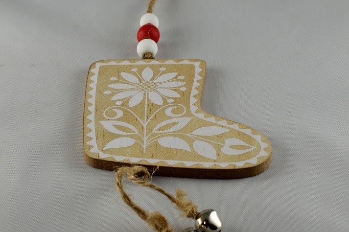88026 - Wooden Multi Coloured Santa Boot with Loop (1 Piece)-9cm x 7.5cm-54 Beige & White-1 Piece