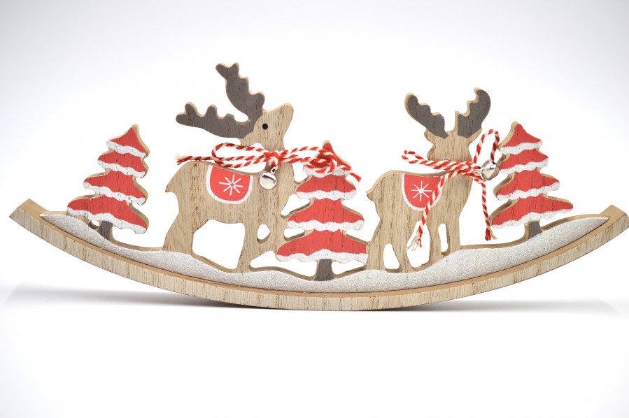 88178 -  Wooden freestanding Christmas and Winter Decoration Ornaments - Reindeers and Snowy Trees with Jingle Bells