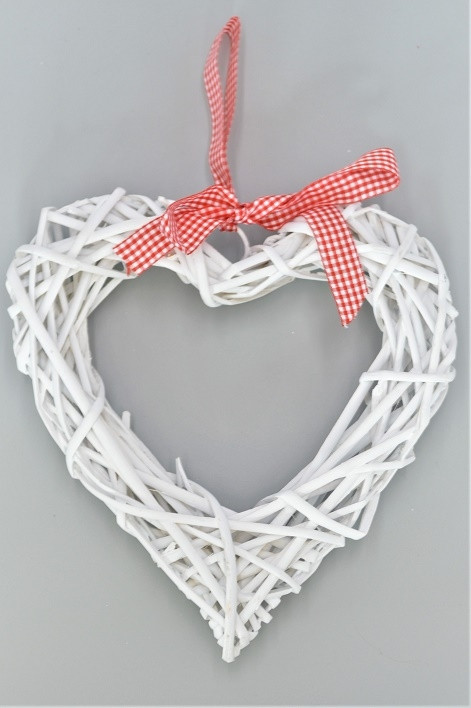 88193 -  Scandi style White willow hanging heart decoration with a red gingham ribbon bow